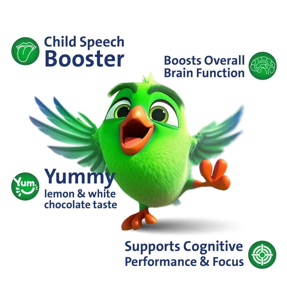Child Speech Booster product with a green cartoon bird on a green background