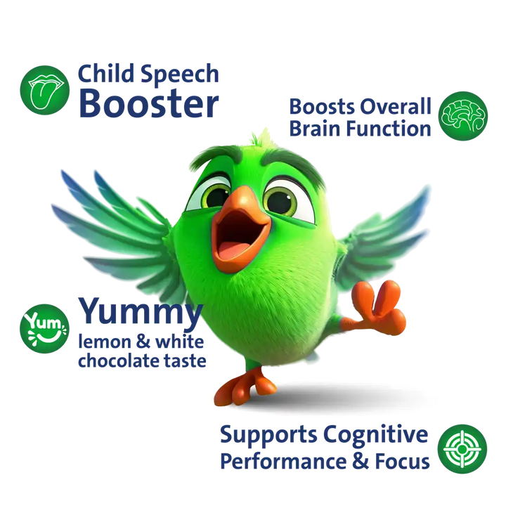 ForKids Parrot dietary supplement syrup bottle shown among vitamins, omega-3 and methyl folate elements illustrated to support brain functions and clarity