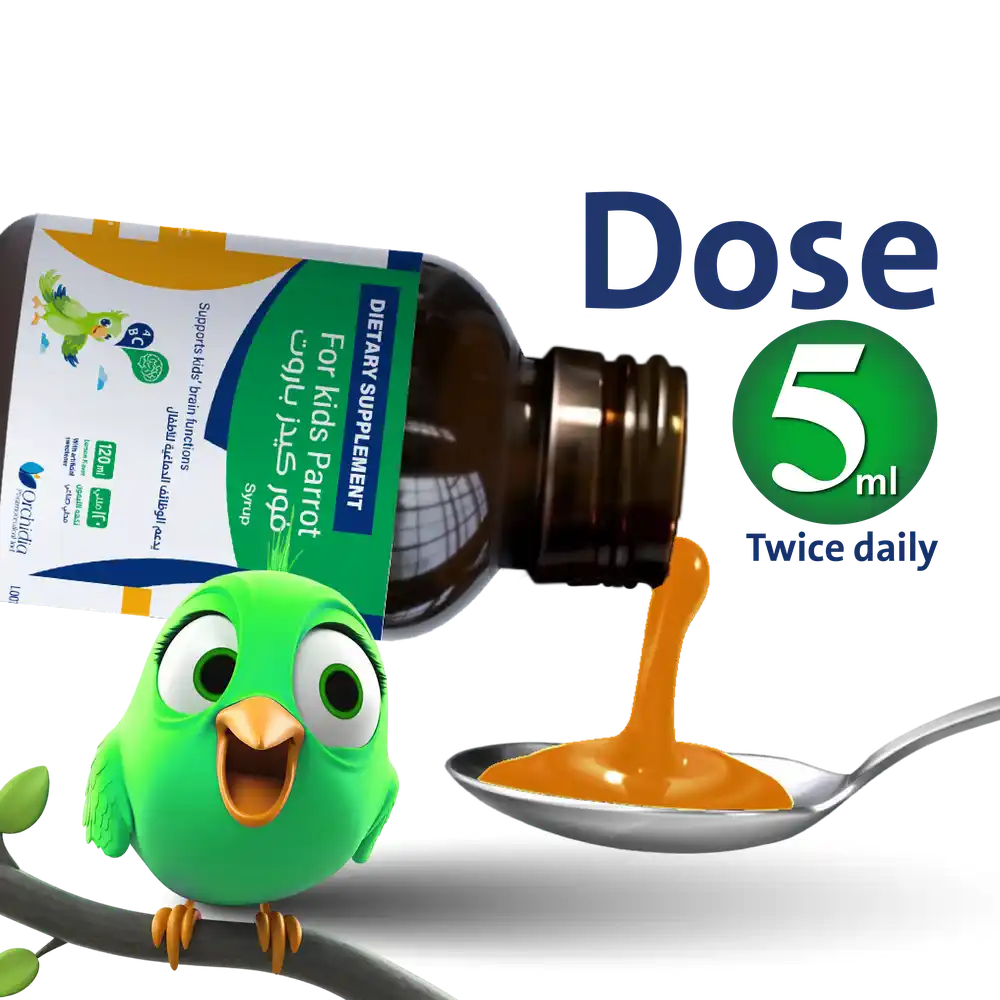 Supplement bottle with green bird character and spoonful of supplement on a green background