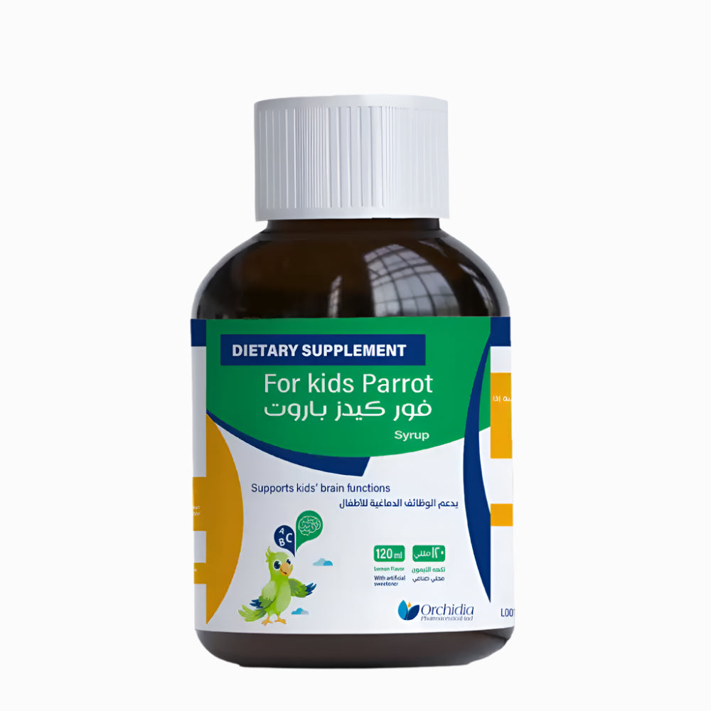 Dietary supplement bottle for kids parrot syrup on a white background